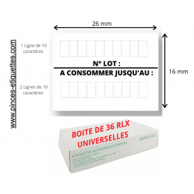 Étiquettes 26X16 mm N° LOT + A CONSOMMER JUSQU'AU : Universelles