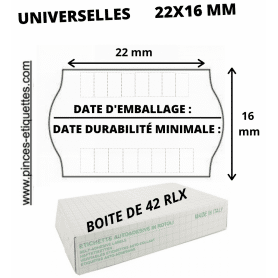 ÉTIQUETTES 2 LIGNES : DATE D'EMBALLAGE  + DATE DURABILITÉ MINIMALE - UNIVERSELLES 22X16 MM
