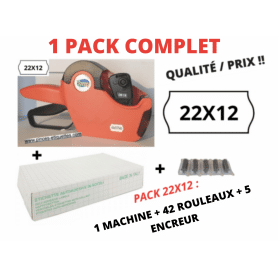 PACK 22X12 : 42 RLX ETIQUETTES BLANCHES + 1 Etiqueteuse + 5 Encreurs Format METO 22x12 mm